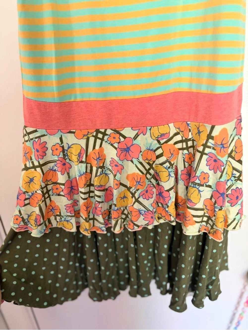 Matilda Jane Coral Trim Striped Tank Dress with Turquoise, Yellow & Olive Panels